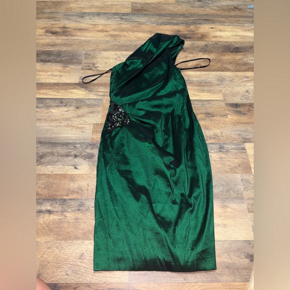 Xscape by Joanna Chen Emerald Green Satin Cocktail Dress w/ Beaded Accent - Picture 2 of 8